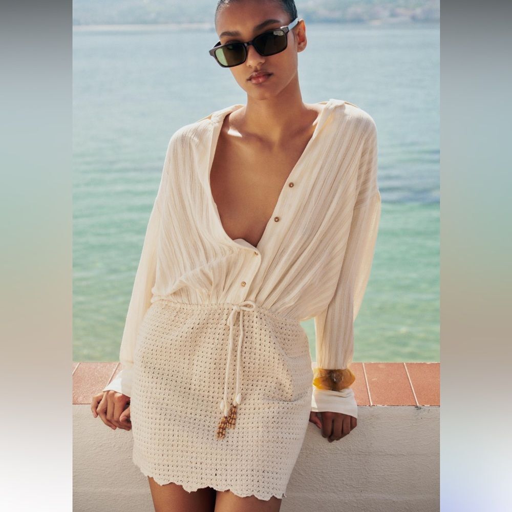 Zara Ivory Cream Flowy Top Crochet Skirt Textured Boho Dress in Size Medium NWT